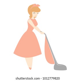 Retro housewife in pink dress - Cute vector illustration of a 1950s cartoon woman with vacuum.  Transparent background in vector file.