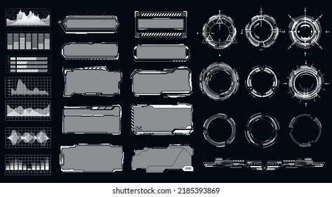 Marco retro de abrazo. Formas digitales futuristas de juegos ui, elementos modernos de interfaz de usuario, panel de control. Conjunto de ilustraciones vectoriales de iconos de interfaz Hud. Bordes de forma circular y rectangular.