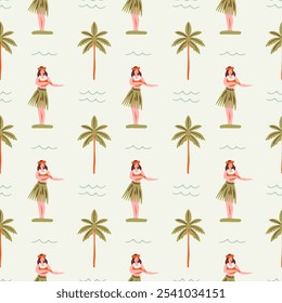 Retro hula dancer summer seamless pattern. Hand drawn style tropical background illustration. Vintage exotic nature textile print, hawaiian woman texture with palm tree doodle.