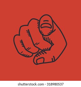 Retro human hand with the finger pointing or gesturing towards you. Isolated on red background