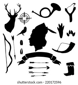 Retro hunter silhouettes hand drawn set. Vintage vector illustration.