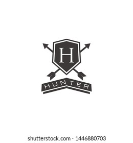 Retro Hunting Logo Design with H letter inside Inspiration with arrowhead and shield