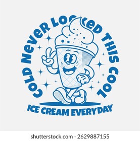 Retro ice cream cone cartoon character. Perfect for T-shirts, posters, and stickers. Vector illustration