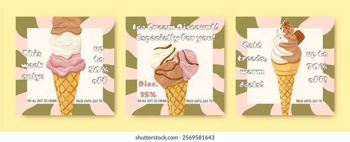 Retro Ice Cream Discount Coupon templates. Editable flyers for gelato cafes. Vector.