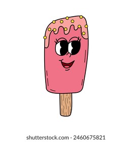 Retro ice cream groovy character. Gelato dessert, vector comic personage. Happy groovy ice cream, food character