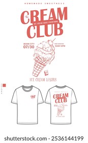 Arte vectorial dibujado a mano del helado retro, disfrute del verano con dulce. Diseño de helado de cereza y fresa. Diseño fresco de la impresión gráfica del helado para la camiseta, la ropa, los carteles, el fondo y otros.