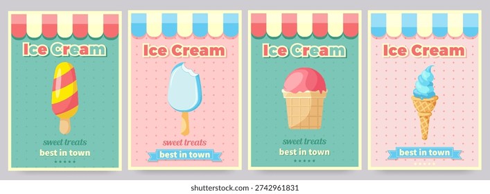 Retro Ice cream poster collection. Sweet ice cream shops flyers, banners on vintage background with typography elements. For kids menu, cafe, posters, cards, cafeteria advertisement
