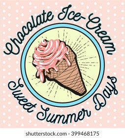 Retro ice cream poster. Vector illustration of vintage strawberry ice cream sign. Background template with delicious homemade cream.
