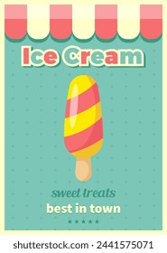 Retro Ice cream poster in vintage style. Ice cream shops flyer, label, advertising poster with typography. Vector illustration