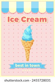 Retro Ice cream poster in vintage style. Ice cream shops flyer. Vintage vector banner with soft ice cream in waffle cup