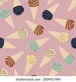 Retro ice cream repeat design. Vintage cone pattern. Pastel colors seamless background.  