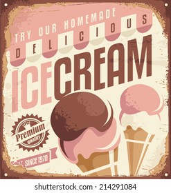 Retro ice cream tin sign design concept. Vintage icecream promotional poster or ad template. 