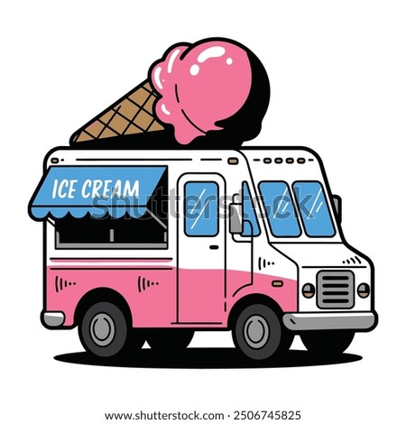 Retro Ice Cream Truck with Pink Scoop and Cone Illustration