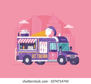 Retro ice cream van in flat design. City street food car. Summer kitchen auto kiosk vector illustration. Cartoon ice-cream truck illustration. Vintage cartoon minivan with frozen sweets.