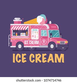 Retro ice cream van in flat design. Street food on wheels kiosk. Summer kitchen car vector illustration. Pink ice-cream truck illustration. Vintage cartoon minivan with frozen sweets.