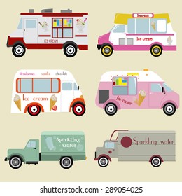 Retro Ice cream vector trucks set. 