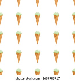 Retro ice cream in waffle cones seamless pattern in flat style isolated on white background. Vector illustration