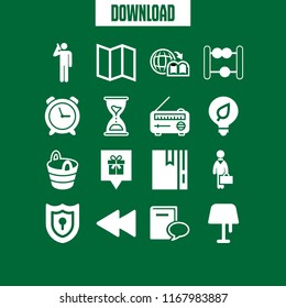 retro icon. 16 retro vector set. geography book, businessman standing with bow tie and suitcase, map and radio icons for web and design about retro theme