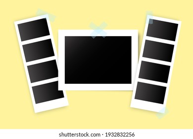 Retro icon with black film taped on tape. Vector image. Camera icon. Photo frame. Stock image. EPS 10.