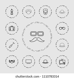 Retro icon. collection of 13 retro outline icons such as hat, brush, man hairstyle, tv, heart angel wings, luggage, medical hammer. editable retro icons for web and mobile.