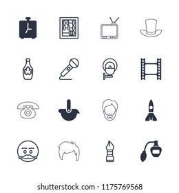 Retro icon. collection of 16 retro filled and outline icons such as perfume, alarm, brush, abacus, emot with mustache, maple syrup. editable retro icons for web and mobile.