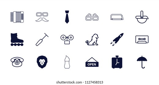 Retro icon. collection of 18 retro filled and outline icons such as lion, tie, open plate, rocket, alarm, roller skate, desk phone. editable retro icons for web and mobile.