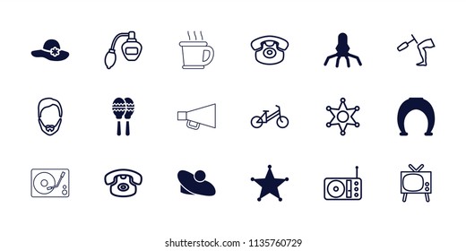 Retro icon. collection of 18 retro filled and outline icons such as woman hat, horseshoe, sheriff, child bicycle, perfume. editable retro icons for web and mobile.