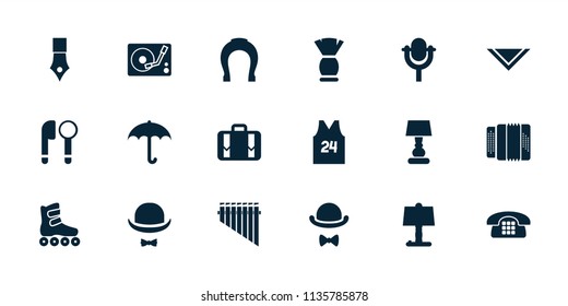 Retro icon. collection of 18 retro filled icons such as cravat, umbrella, table lamp, luggage, microphone, hat and moustache. editable retro icons for web and mobile.
