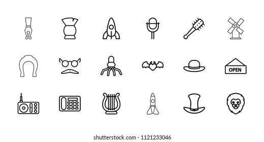 Retro icon. collection of 18 retro outline icons such as lion, rocket, brush, woman hat, mustache and glasses, desk phone. editable retro icons for web and mobile.