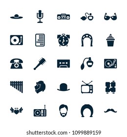 Retro icon. collection of 25 retro filled icons such as perfume, hat, woman hat, horseshoe, ice cream in can, heart angel wings, tv. editable retro icons for web and mobile.
