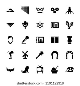 Retro icon. collection of 25 retro filled icons such as lion, mill, man hairstyle, brush, cravat, mustache and glasses, tv. editable retro icons for web and mobile.