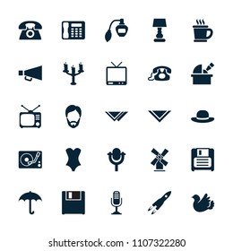 Retro icon. collection of 25 retro filled icons such as perfume, cravat, woman hat, umbrella, bird, tv, tv, diskette, microphone. editable retro icons for web and mobile.