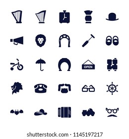 Retro icon. collection of 25 retro filled icons such as lion, baby shoes, desk phone, hat, man hairstyle, brush, mustache and glasses. editable retro icons for web and mobile.