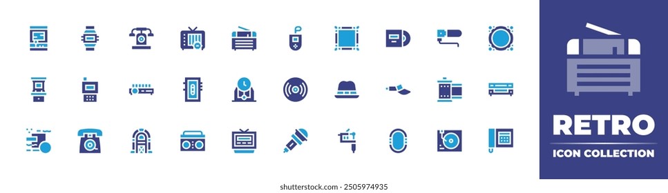 Retro icon collection. Duotone color. Vector illustration. Containing jukebox, boombox, clock, telephone, slideprojector, memphis, arcade, teletext, radio, taperecorder.