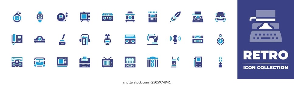 Retro icon collection. Duotone color. Vector illustration. Containing microphone, treasurechest, teleprinter, deskclock, ink, music, oldtv, boombox, tv, telephone.