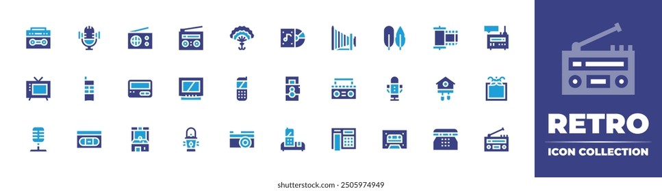 Retro icon collection. Duotone color. Vector illustration. Containing radio, camera, handfan, microphone, mobilephone, oldtv, boombox, album, pager.