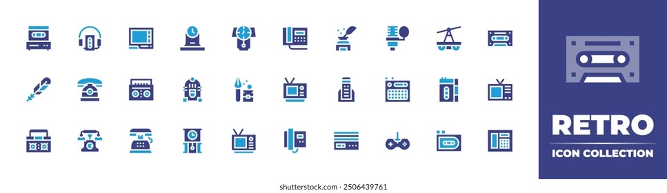 Retro icon collection. Duotone color. Vector illustration. Containing boombox, phoneset, gamingconsole, clock, jukebox, tv, telephone, feather, television, ink, radio, modem.