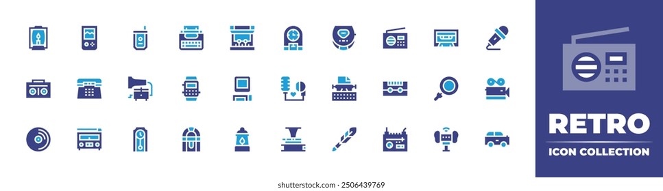 Retro icon collection. Duotone color. Vector illustration. Containing boombox, phonograph, wallclock, watch, jukebox, gramophone, radio, computer, vinyl, oillamp, phone, asmr.