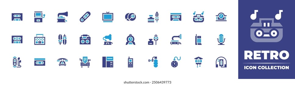 Retro icon collection. Duotone color. Vector illustration. Containing cassette, gramophone, arcademachine, radio, deskclock, ball, oldtv, feather, boombox, mpplayer.