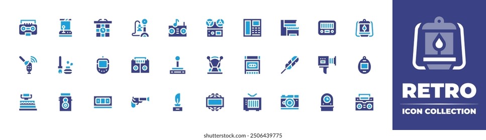 Retro icon collection. Duotone color. Vector illustration. Containing telephone, boombox, clock, pen, joystick, arcadegame, music, microphone, virtualpet.