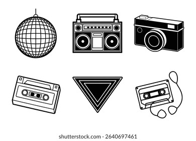 Retro icon collection featuring disco ball, boombox, camera, cassette tapes, and geometric triangle illustrations