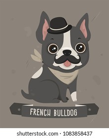 Retro Icon of a dog breed French Bulldog. The Frenchie puppy has a magnificent mustache and retro hat-bowler. Text: French Bulldog.