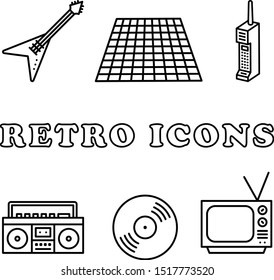 Retro Icon Set  - Retro Icons In A Monoline Style. This 80s Style Icon Set Includes A Guitar, Grid, Cell Phone, Boombox, Vinyl Record, And Tv.