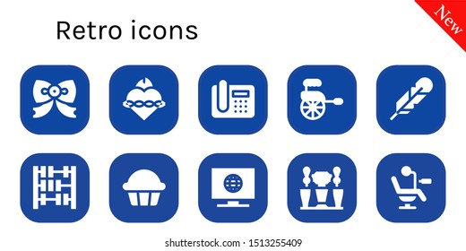 retro icon set. 10 filled retro icons.  Simple modern icons about  - Bow tie, Sacred heart, Telephone, Rickshaw, Feather, Abacus, Cupcake, Television, Beer tap, Chair