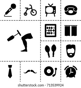 Retro icon. set of 13 filled retro icons such as child bicycle, mustache, man hairstyle, abacus, knee hammer reaction check, microphone, maracas, gramophone, desk phone