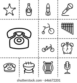 Retro icon. set of 13 outline retro icons such as child bicycle, desk phone, maple syrup, microphone, harmonica, harp, sheriff, alarm, rocket