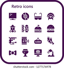  retro icon set. 16 filled retro icons. Simple modern icons about  - Television, Vinyl, Glasses, Headdress, Street lamp, Rocket ship launch, Burger, Revolver, Smartphone, Closed