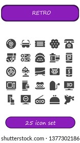 retro icon set. 25 filled retro icons.  Collection Of - Vinyl, Glasses, Ticket, Revolver, Phone, Socks, Woods, Tacos, Reel, Smartphone, Kamon, Car, Television, Cassette, Old tv