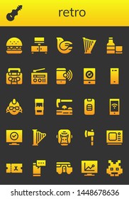 retro icon set. 26 filled retro icons.  Simple modern icons about  - Burger, Fiddle, Television, Dove, Harp, Whiskey, Radio, Smartphone, Punk, Arcade machine, Adze, Gorilla, Ax