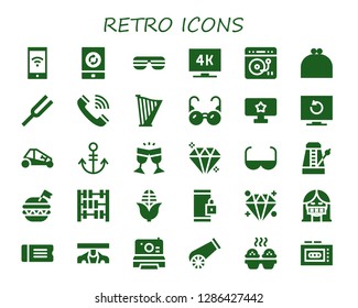  retro icon set. 30 filled retro icons. Simple modern icons about  - Smartphone, Sunglasses, Television, Turntable, Purse, Diapason, Telephone, Harp, Glasses, Tv, Buggy, Anchor